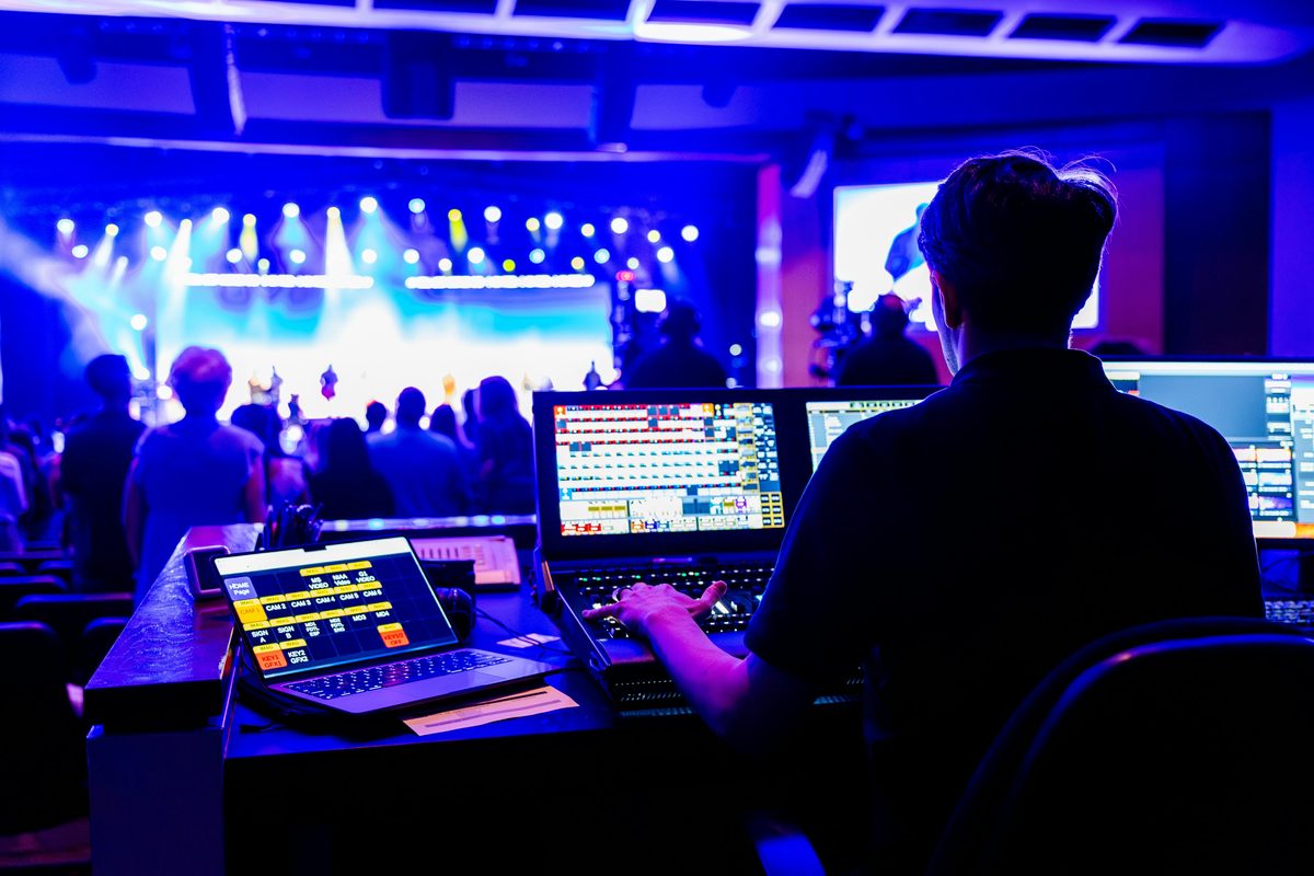 Live event control position with audio and production screens